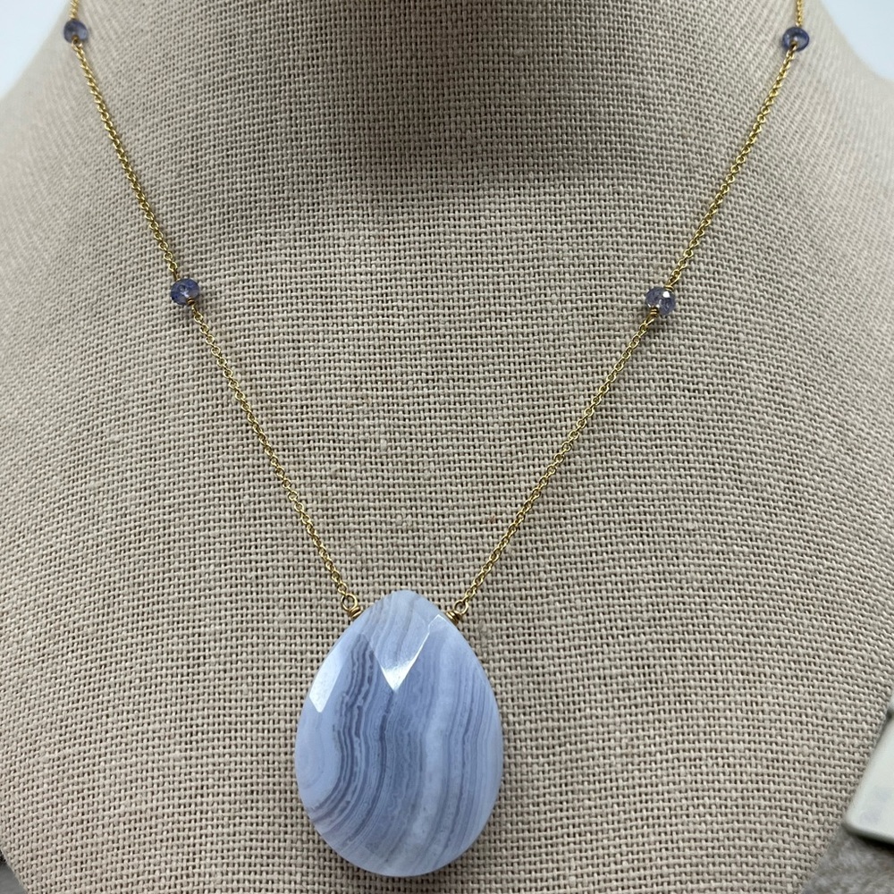 Vintage IBB 14K Gold Blue Lace Agate Pendant Necklace with Amethyst Accents 16" - Picture 9 of 17